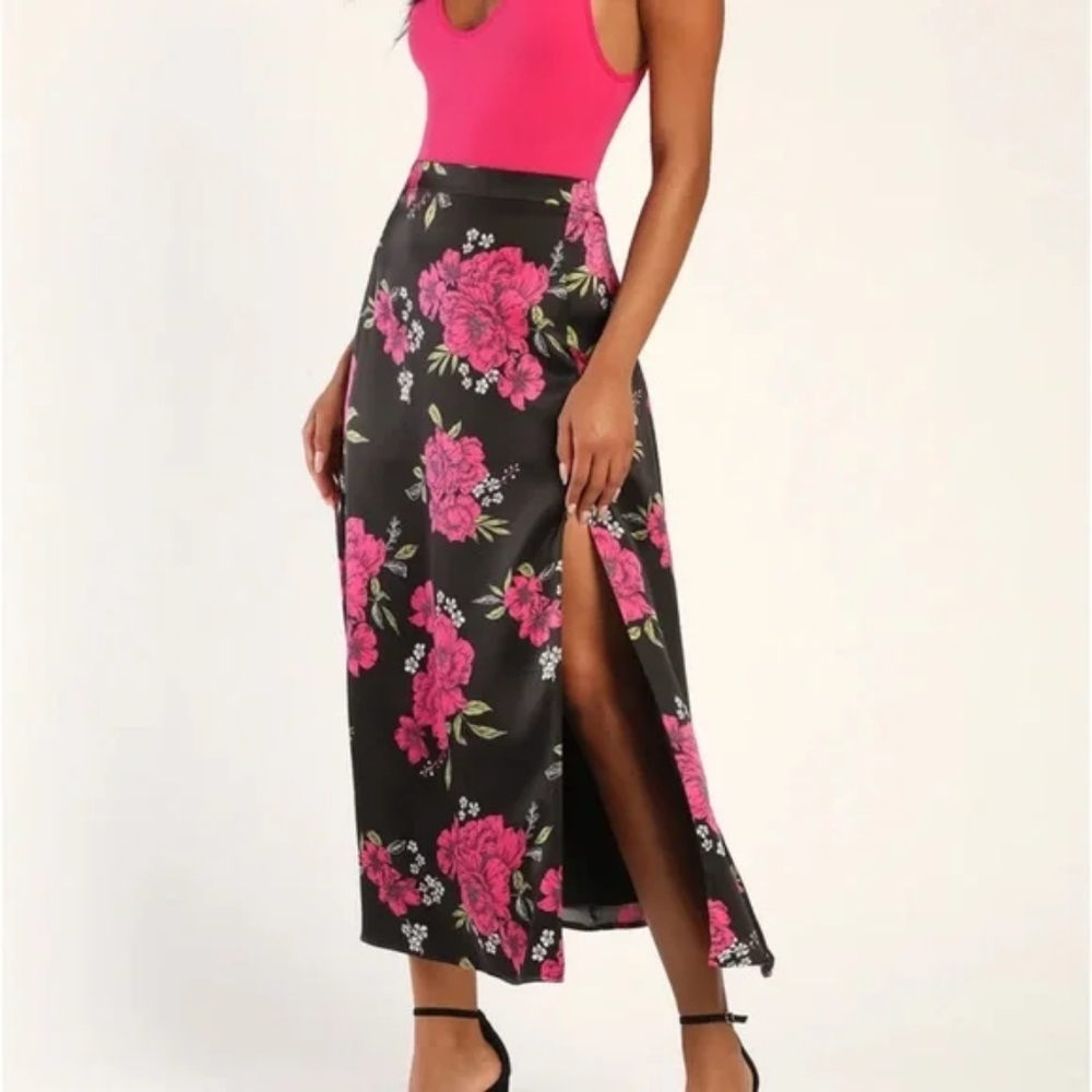 Lulu's Elegant Blossoms Black Floral Print Satin Midi Skirt Lulus